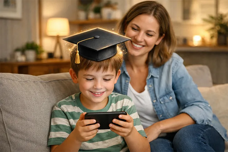 Child with graduation cap and mother